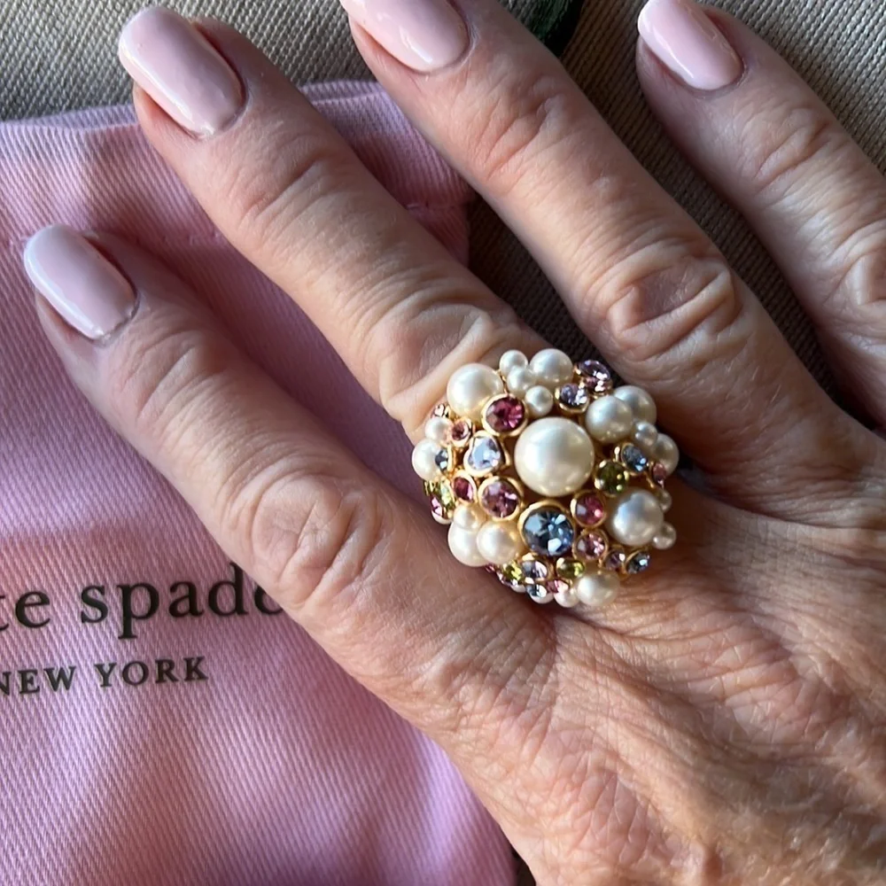 🆕kate spade♠️Stunning Cream Pearl Caviar Multi Color Stones Statement Ring SZ 5